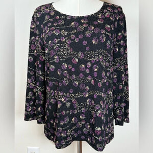 Laura Ashley Top Black Purple Stretchy 3/4 Sleeve Textured Women’s Size Medium